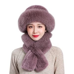 Women Winter Faux Rabbit Fur Trimmed Cloche Hat With Scarf Set Furry Warm🌷